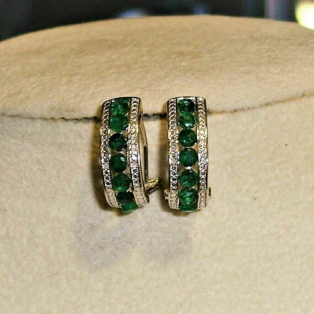 2Ct Round Cut Lab-Created Emerald Hoop Clip On Earrings 14k White Gold Plated - Image 2 of 2