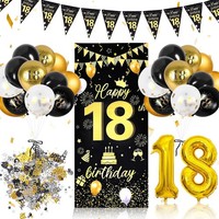 18. Geburtstag Deko Set Schwarz Gold, Luftballons, Banner, Wimpelkette,