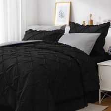 JOLLYVOGUE Pintuck Queen Size Comforter Sets 8 Pieces, Black/Gray Bed in a Bag