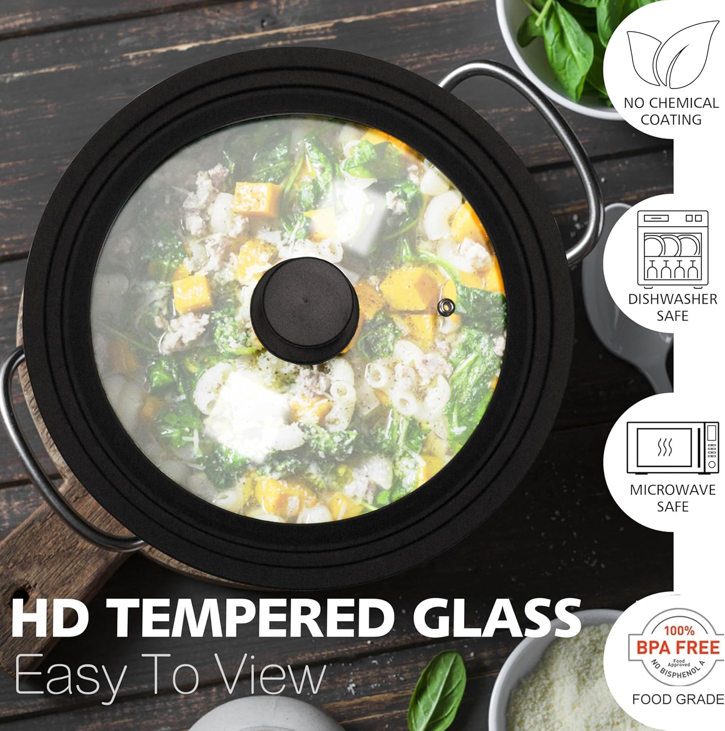 Silicone Universal Lid for Pots, Pans and Skillets - Tempered Glass Covered with