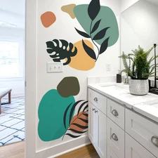 Boho Leaves Wall Decals Retro Abstract Plant Wall Art Stickers Living Room Be...