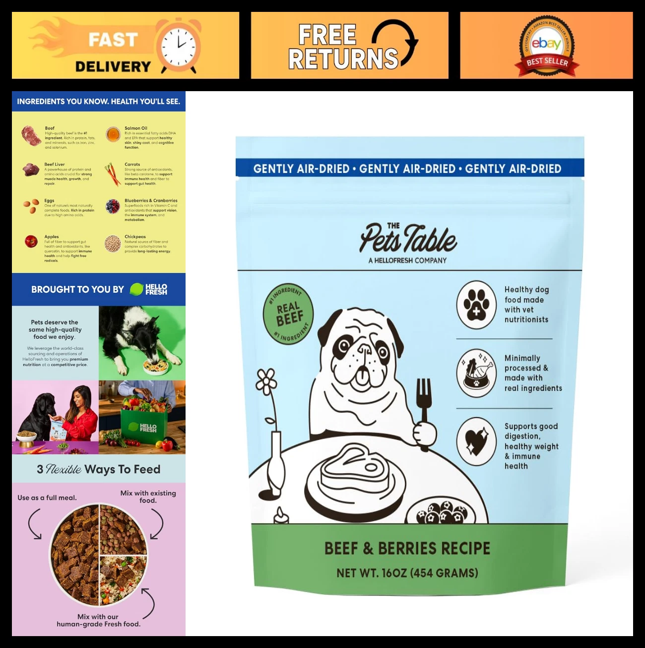 Grain-Free Air Dried Dog Food with Beef & Berries, 1 lb (16 Oz) - Healthy Pet Tr
