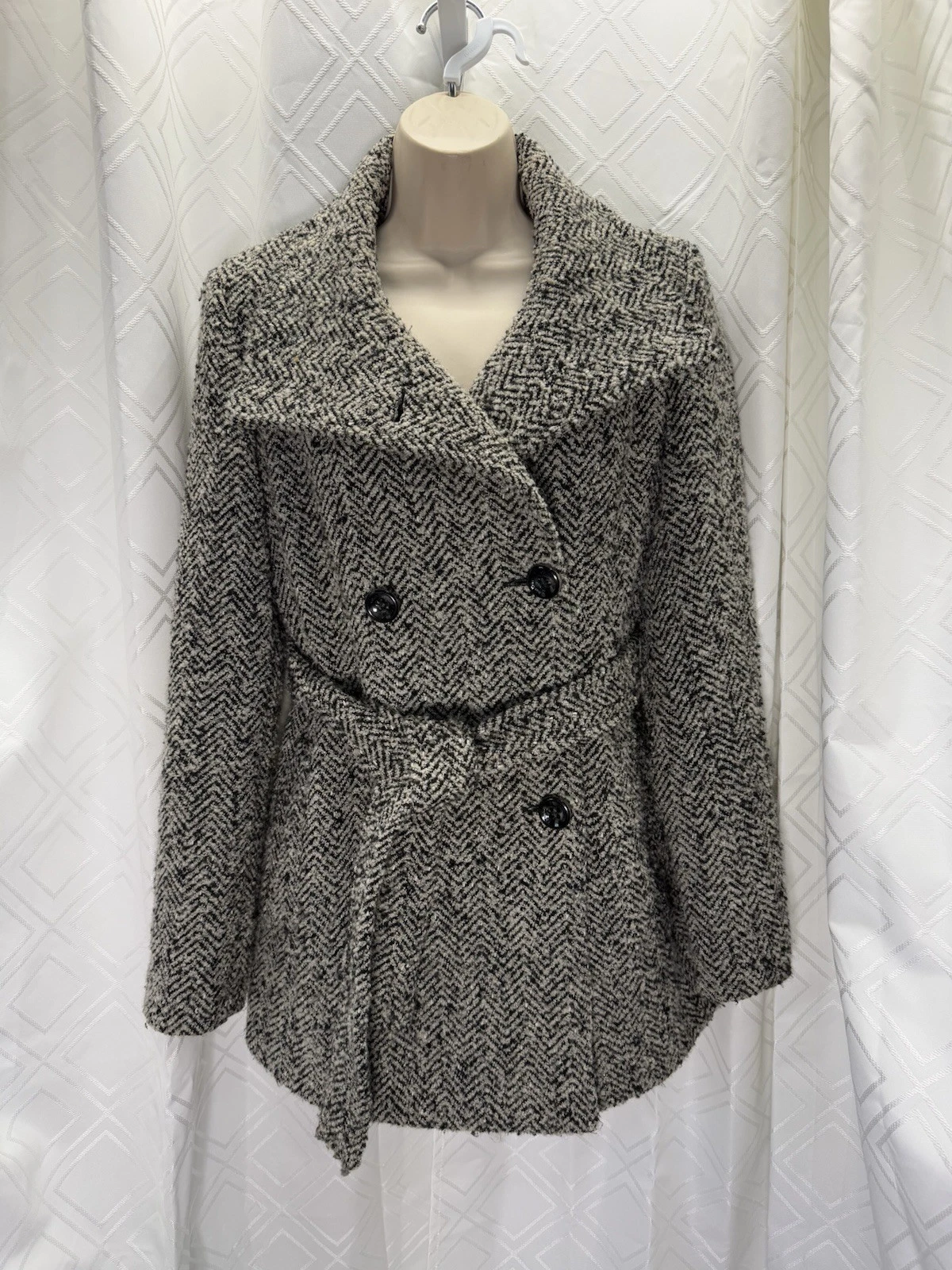 Calvin Klein Double Breasted Pea Coat Womens Size 2 Wool Tweed Belted Jacket