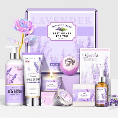 Bath & Body Gift Basket For Women, Honey Lavender Home Spa Set with Oil Diffuser