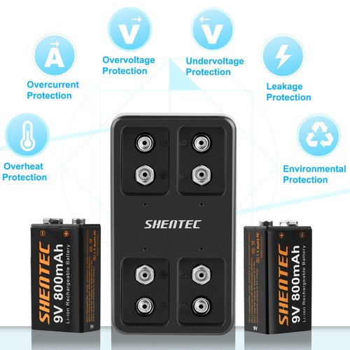 9V Block 6F22 Lithium Li-ion 9 Volt Rechargeable Batteries / 4 Slot USB Charger - Zdjęcie 12 z 19