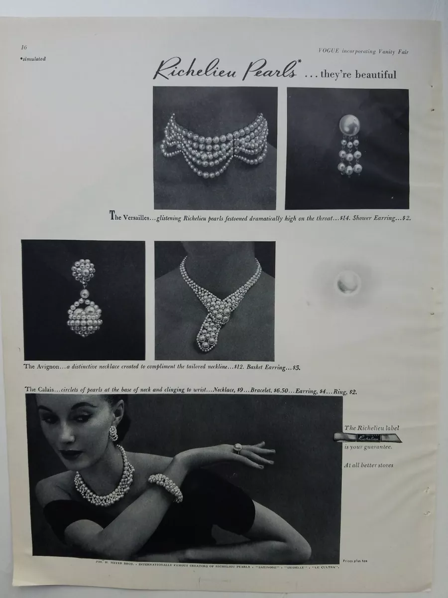 1950 Richelieu pearls Versailles Avignon Calais necklace earrings jewelry ad