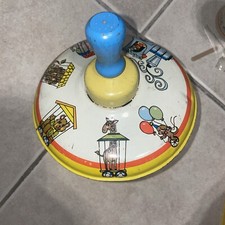 Vintage Ohio Art Toy Tin Metal Top Circus Animal Train Wooden Knob Spin Works