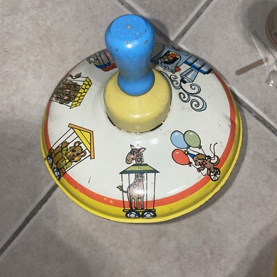 Vintage Ohio Art Toy Tin Metal Top Circus Animal Train Wooden Knob Spin Works