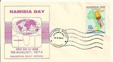 PAKISTAN SG 375 UN NAMIBIA DAY 1974 FDC + MNH + USED SET (2 scans).