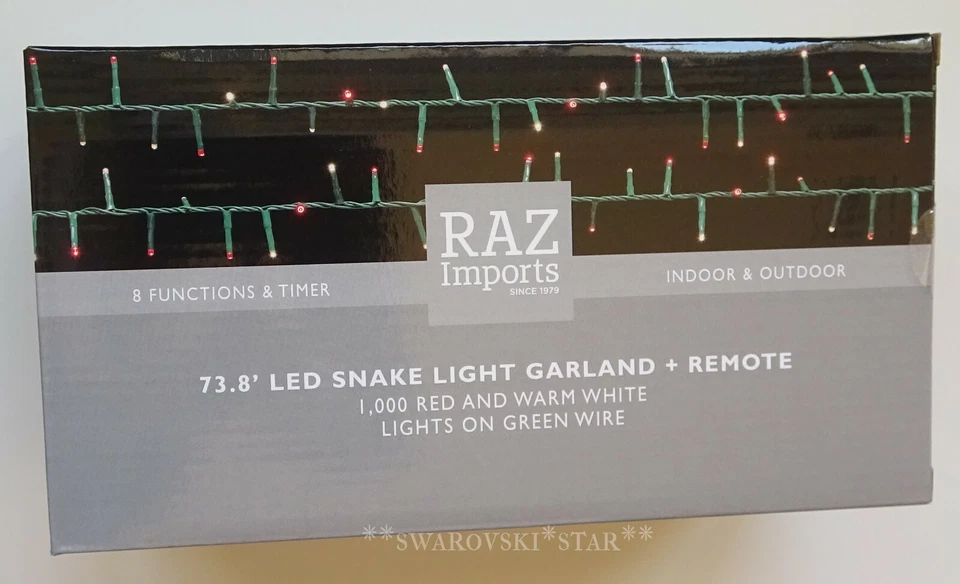 RAZ IMPORTS 73.8' LED SNAKE GARLAND GREEN WIRE RED WHITE 1000 LIGHTS CHRISTMAS - Image 2 of 4