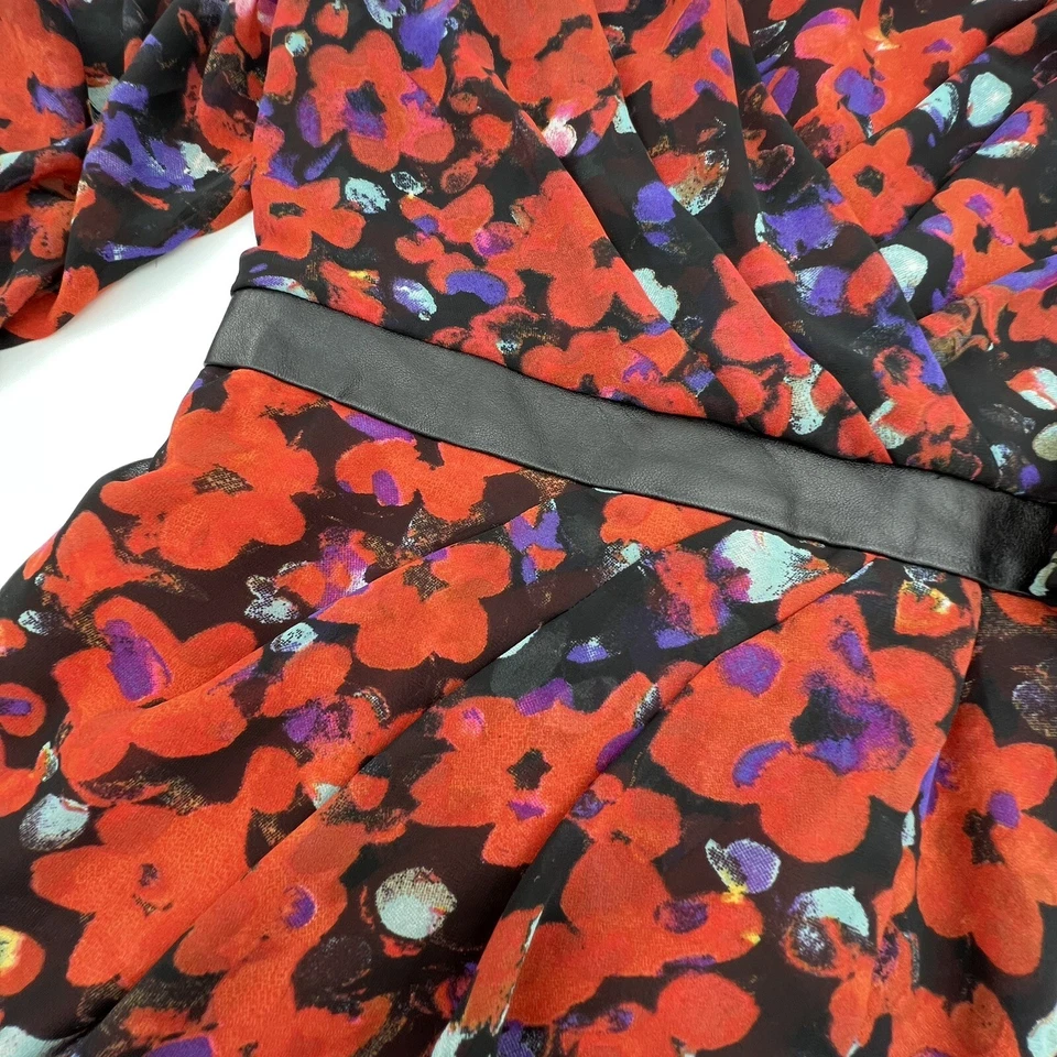 W118 Walter Baker Red Floral Print Sheath Dress Black Leather Waist Band Dress M - Image 3 of 4