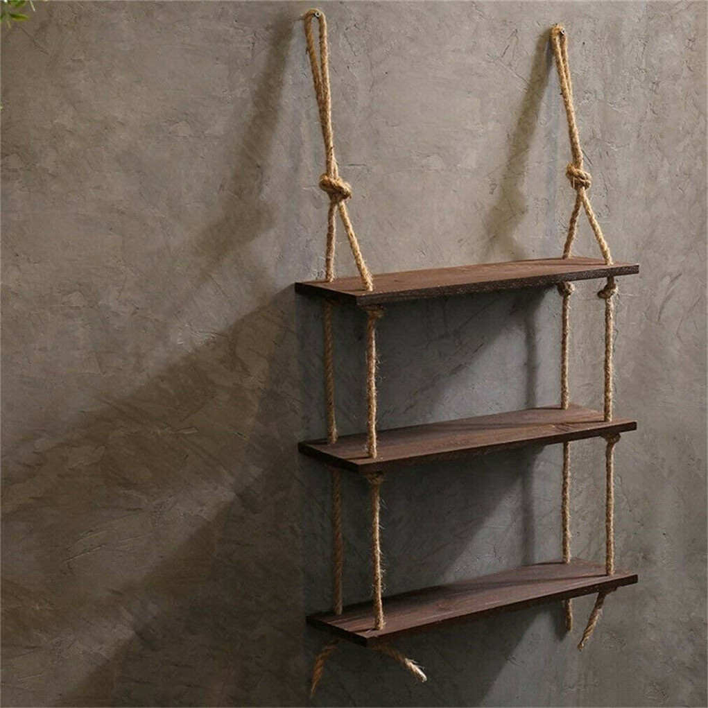Wrapped Rope Holding Rack Rustic Hanging Rope Solid Wood Shelves Holder Floating Ladder Shelf ...