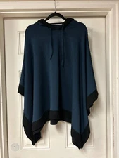 EUC Capote Blue Black Hooded Poncho Oversized Pullover Top Tunic Size M/L