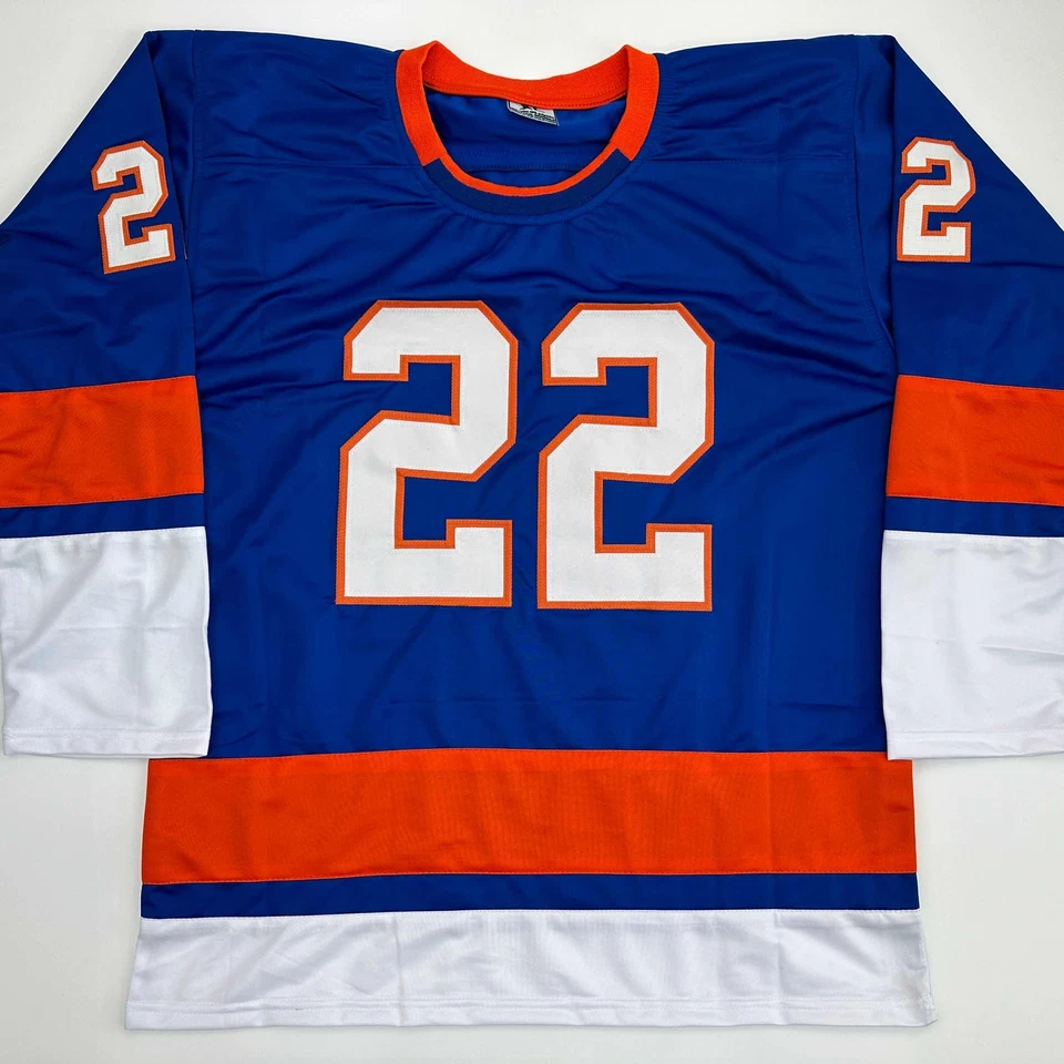 Camiseta deportiva facsímil autografiada Mike Bossy Nueva York azul reimpresión talla XL para hombre Foto 3 de 4