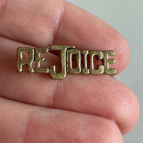 Vintage Rejoice Gold-Tone Word Lapel Pin Christian Inspirational Jewelry