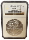 2008 American Silver Eagle $1 Dollar Coin One Troy Ounce 0.999 Fine NGC MS69