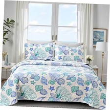 3 Piece Coastal Beach Quilt Set Size Ocean Theme Bedding Set King Blue Green