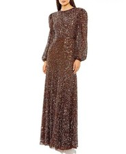 Mac Duggal 93902 Chocolate Brown Sheer Long Sleeve Embellished Gown Sz 12