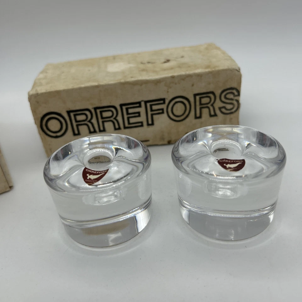 Candelabro Orrefors Cristal Par Puck Firmado Redondo En Caja Foto 2 de 4