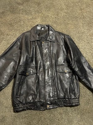 Vintage Patchwork Leather Bomber Jacker Mens Large Black 90s Heavyweight