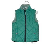 CAT  JACK GIRL'S SLEEVELESS PUFFER JACKET VEST GREEN GRAY FAUX FUR SIZE XS 4/5