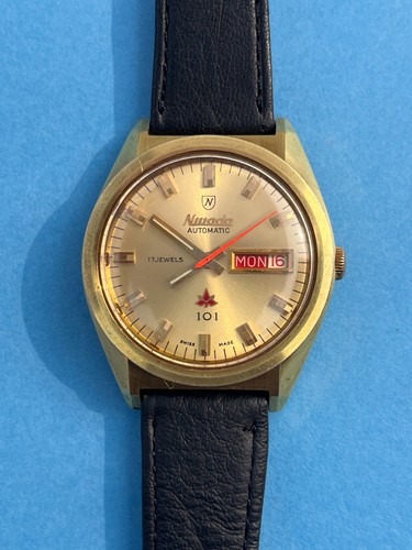 Vintage Nivada 101 Automatic Gold Dial 17 Jewels Day Date  Swiss Men's Watch