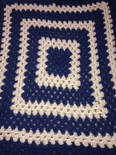 BEAUTIFUL NEW HANDMADE CROCHET BABY BLANKET/AFGHAN BEIGE /ROYAL BLUE