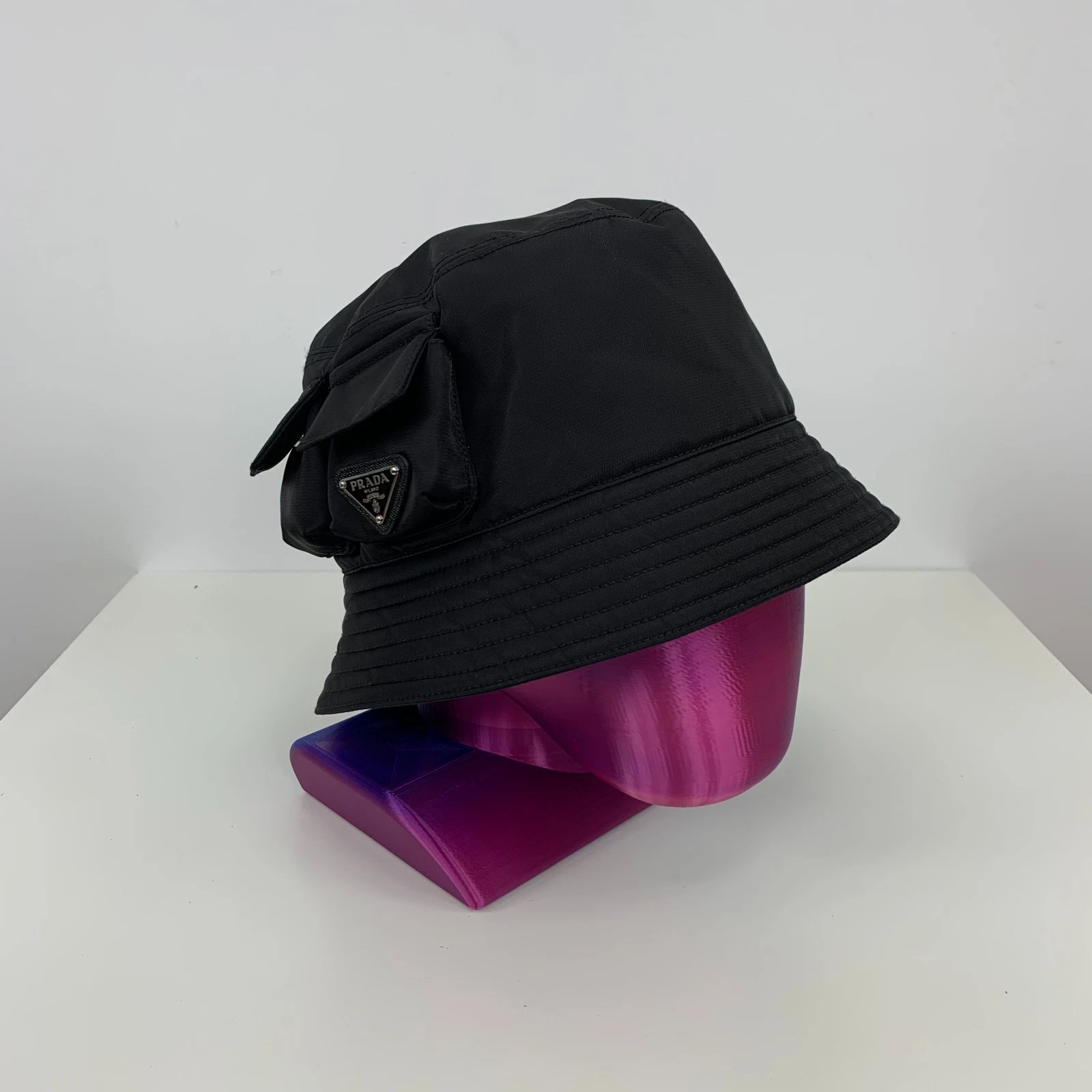 Prada Re-Nylon Metal Triangle Logo Pockets Bucket Hat Head Black Size M