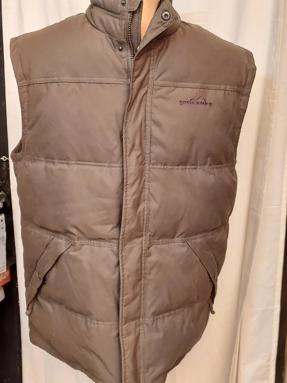 Eddie Bauer Mens Large Tall Green Puffer Vest Goose Down Insulated Zip EB650