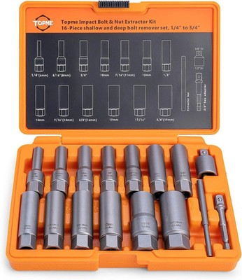 Deep Bolt Extractor Set,16 PCS Impact & Nut Remover Set, 16-piece 