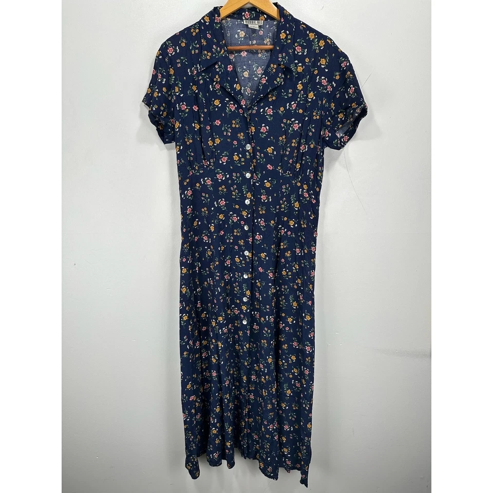 Vestido midi Robbie Bee con botones delanteros para mujer talla 14 azul marino estampado floral rayón de colección Foto 2 de 4