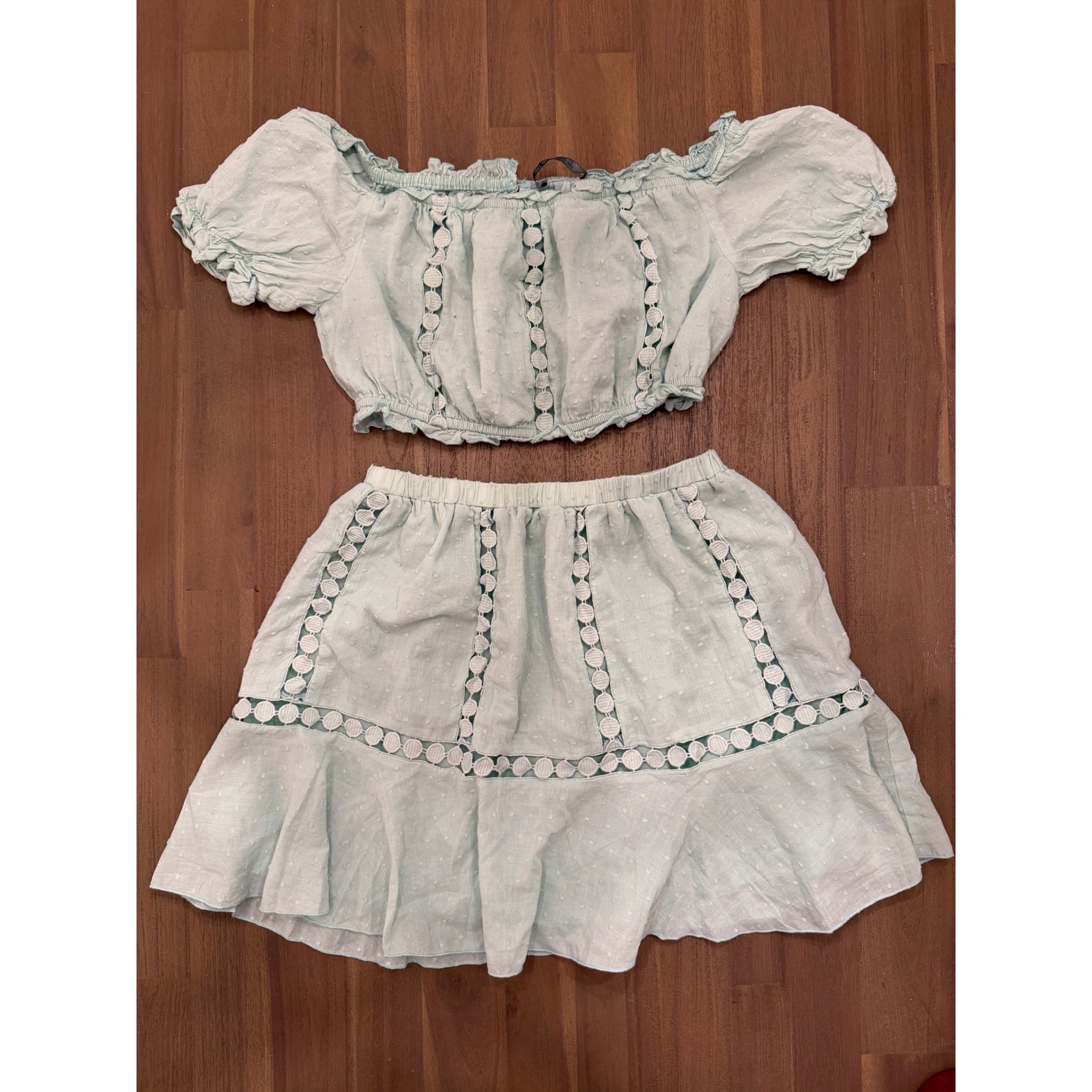 Mint Green Swiss Dot Crochet Lace Two Piece Set Crop Top Mini Skirt S