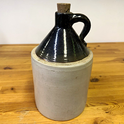 1 Gal Stoneware Moonshine Jug Glazed Black Top w/ Handle & Cork Stopper Lid, 10