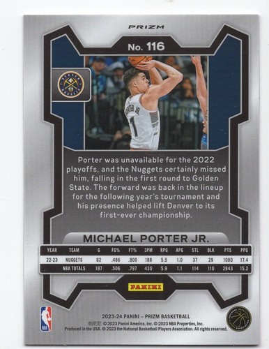 MICHAEL PORTER JR. 2023-24 Panini Prizm Pink Ice #116 Nuggets Basketball Card - 第 2/3 張圖片