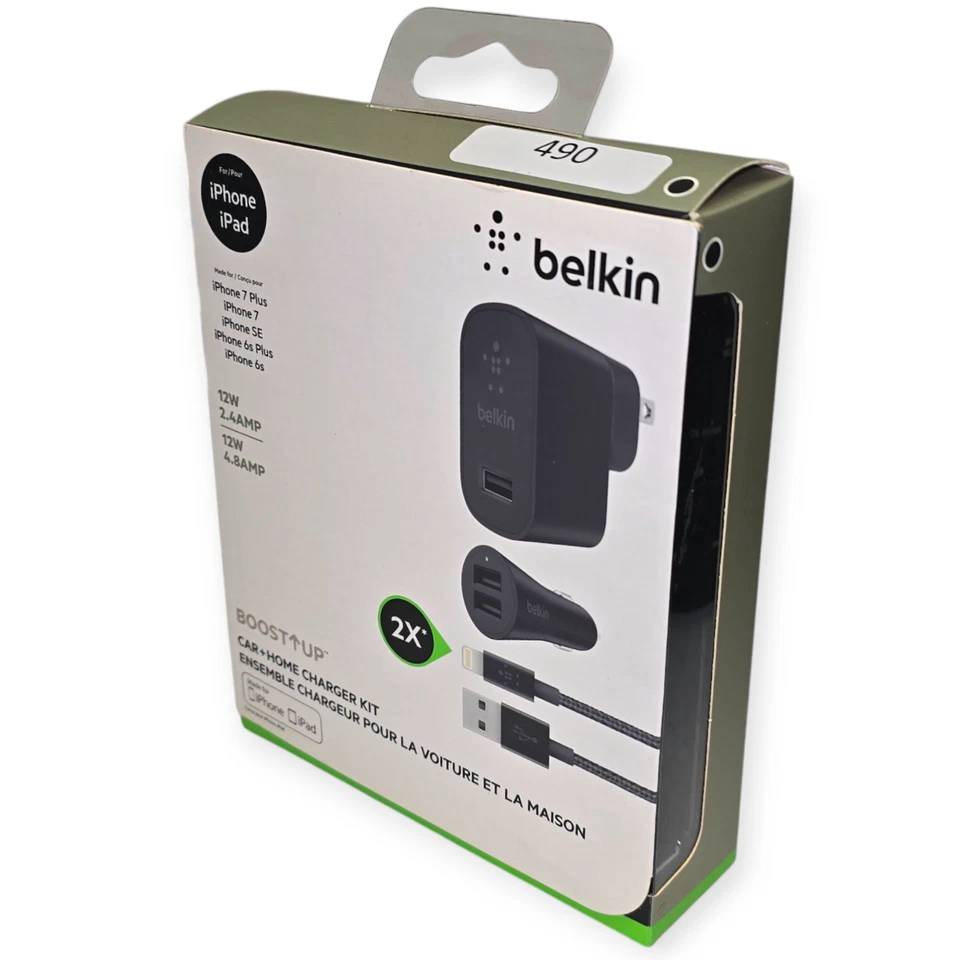 NUEVO Kit Cargador Belkin BoostUp Coche + Hogar con 2 Cables Lightnin, Puerto USB, 12W Foto 2 de 4