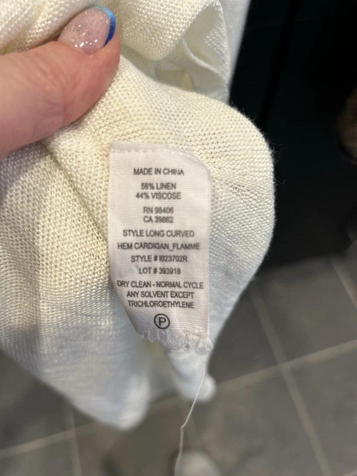 Theory Cocoon Long Curved Hem Cardigan Sweater Open Front Sz M/L Ivory Linen/Vis - Image 3 of 4