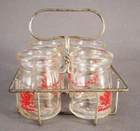 Vintage Glass Dairy Milk Creamer CHICKEN IN THE ROUGH set of 4 + Wire Caddy RARE