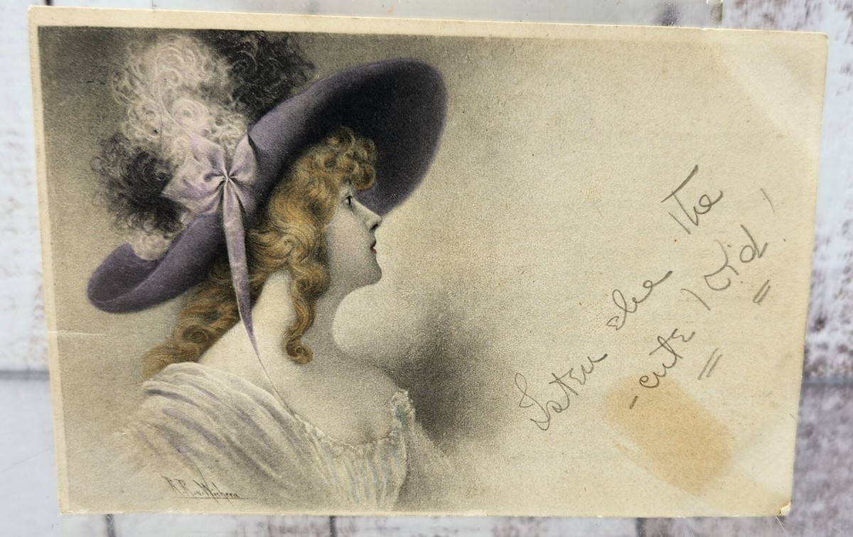 PC ARTIST SIGNED, GLAMOUR LADIES, BIG HATS, Vintage Postcard (b50167