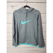Nike Womens Hoodie Sweatshirt Gray Turquoise Pullover Long Sleeve Dri Fit M