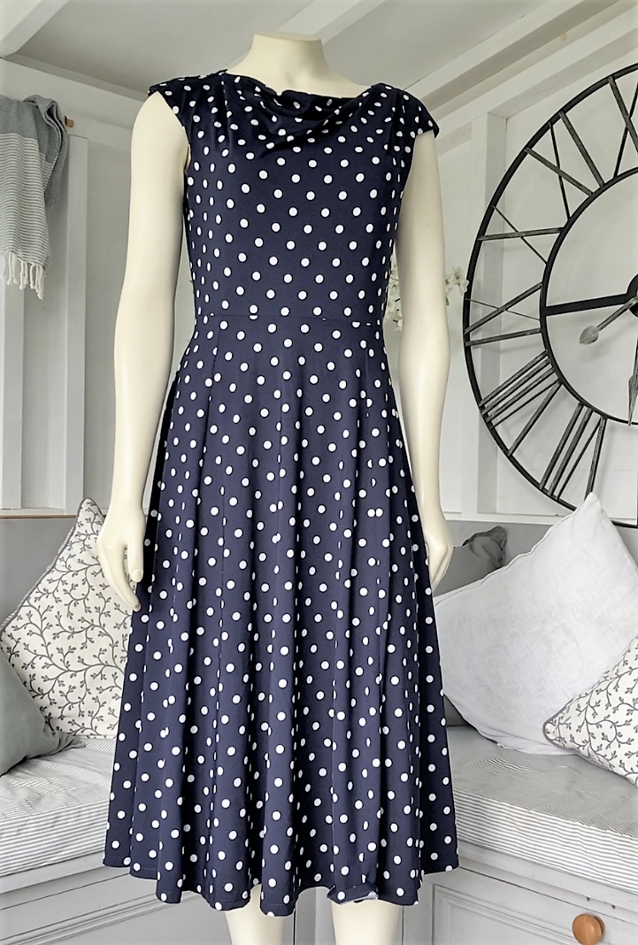 Women's Navy Blue Chiffon Midi Polka Dots Fit and Flare Dress