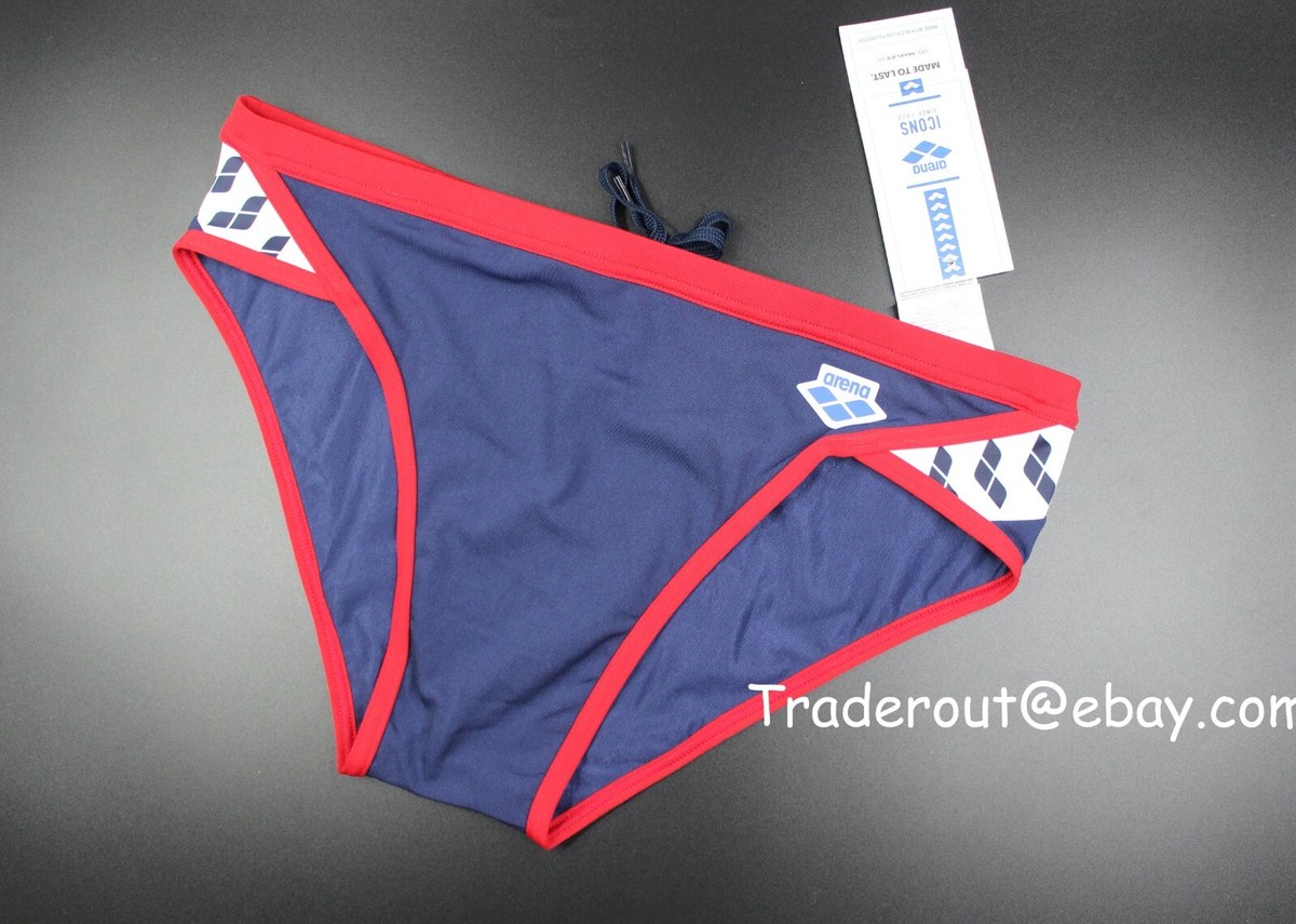 Arena men navy blue red trim Icon swim brief swimwear size