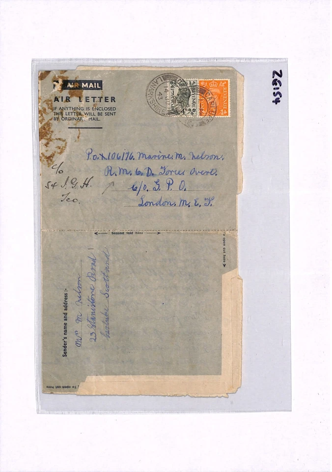 GB WW2 KGVI Air Letter ENDEREÇO SECRETO 1943 ROYAL MARINES *Force Overt* ZE154 - Imagem 3 de 4