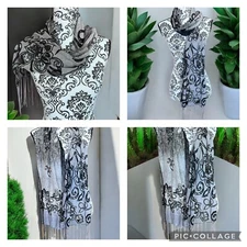 Wrap Scarf fringed  Black And Grey Floral Neck Scarf A Touch of Elegance