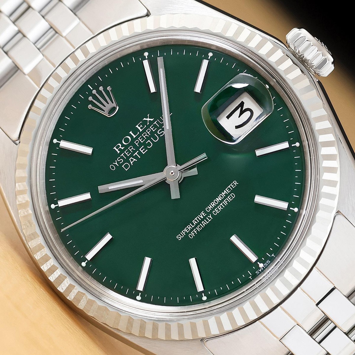 ROLEX MENS DATEJUST 1601 18K GOLD SS GREEN DIAL WATCH w/ FOLDED