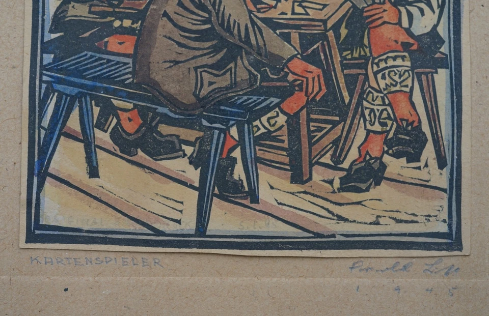 Kartenspieler Farbholzschnitt Tirol signiert - Bild 3 von 4
