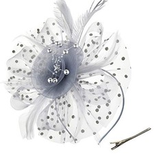 Fascinators Hat Flower Mesh Ribbons Feathers on a Headband 7" Diameter / Grey