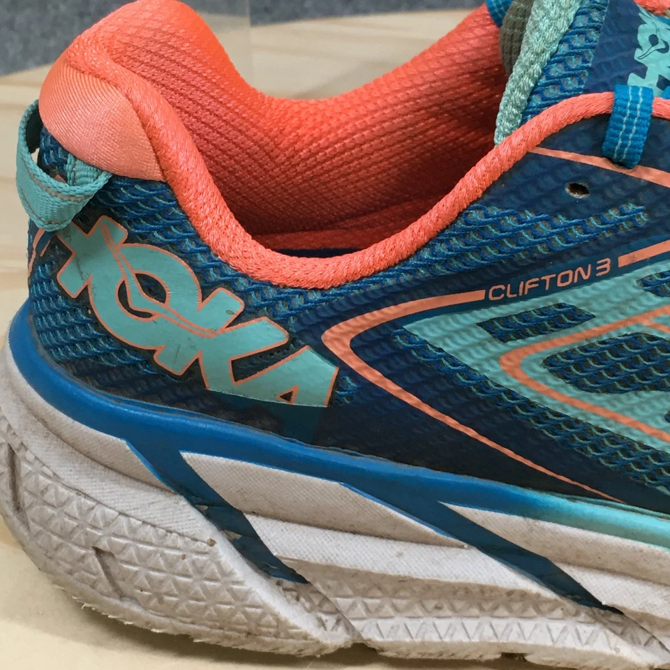 Zapatos para correr HOKA One One para mujer 8 Clifton 3 con cordones azul naranja malla Foto 4 de 4