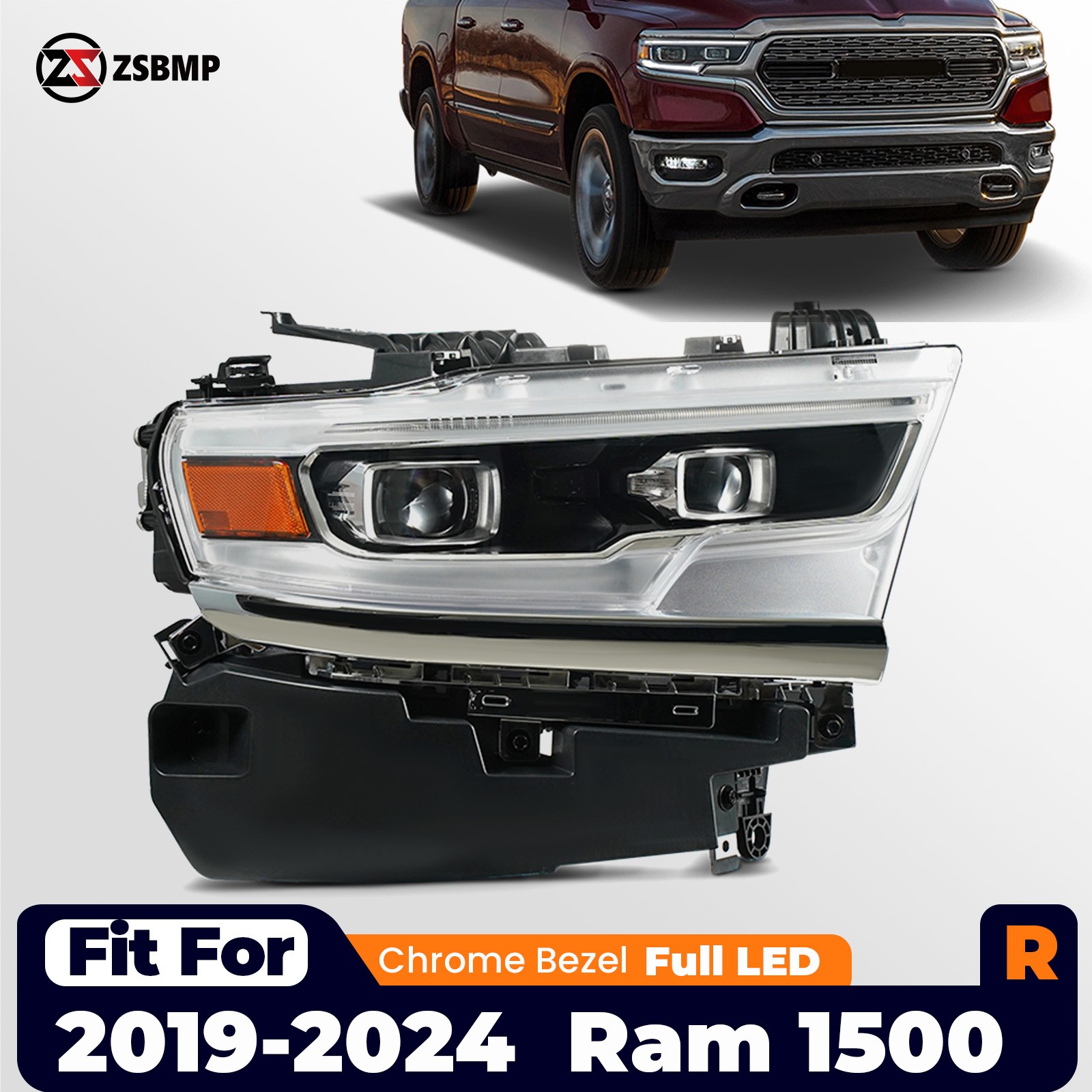 For 2019-2024 Ram 1500 Full LED Projector Headlight With AFS Chrome Passenger RH