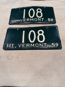 Antique Vintage 1959 Vermont Pair License Plates 3 Digit “108” Original Used