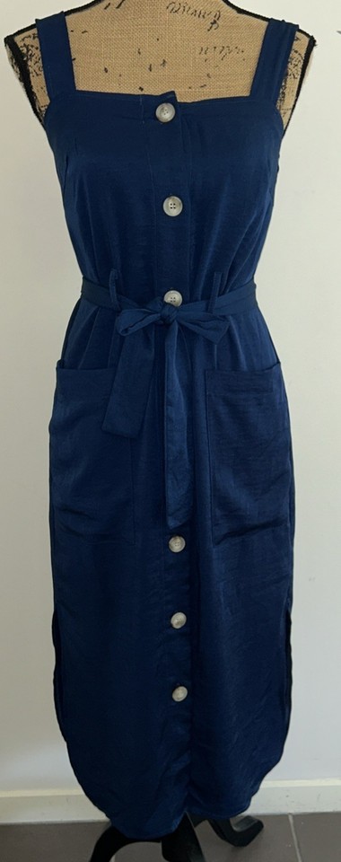 DOTTI Womens Sz 8 Shirt Tank dress Full Button Pockets Midi Belt Sheen VGC